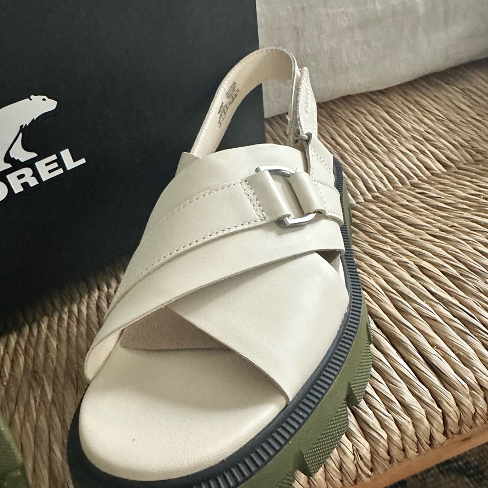 Sorrel Cream Leather Cross-Strap Slingback Sandal with Olive Lug Sole - Picture 5 of 7